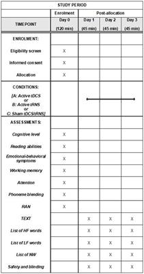 Effects of online tDCS and hf-tRNS on reading performance in children and adolescents with developmental dyslexia: a study protocol for a cross sectional, within-subject, randomized, double-blind, and sham-controlled trial